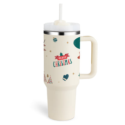 40oz Stainless Steel, Holiday Design, Vacuum Insulated Tumbler with Straw, Spill Proof Lid for Iced Coffee, Tea and Water