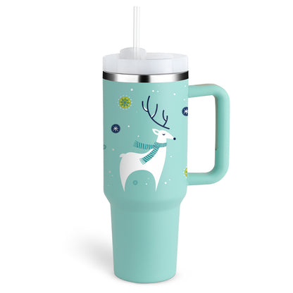 40oz Stainless Steel, Holiday Design, Vacuum Insulated Tumbler with Straw, Spill Proof Lid for Iced Coffee, Tea and Water